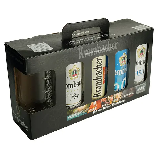 Набор: пиво Krombacher Pils 0.5 л + Krombacher Weizen 0.5 л + Krombacher Hell 0.5 л + Krombacher Pils б/а 0.5 л + бокал 0.4 л