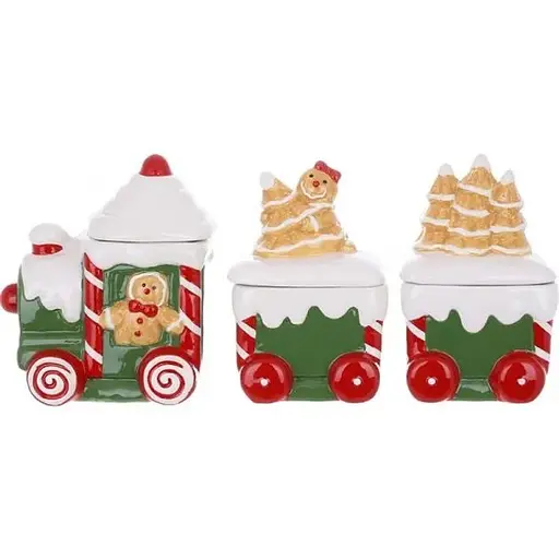 Набір новорічних банок 3 шт BonaDi 928-111 Паровозик для сипучих продуктів кераміка 450 мл 300 мл 300мл - фото 1
