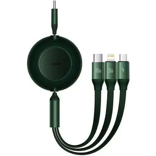 Кабель Baseus Bright Mirror 2 Series Retractable 3 in 1 Fast Charging Data Cable Type-C to M+L+C 100W 1.1 м зеленый - фото 1