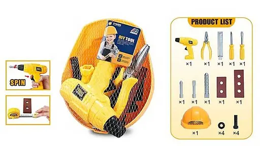 Набор инструментов MK 10-5, 12 элементов, шуруповёрт с заводным механизмом, каска, в сетке (6980634400619) - фото 2