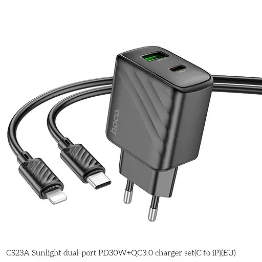 Мережевий зарядний пристрій Hoco CS23A Sunlight dual port PD30W+QC3.0 charger(EU) чорний - фото 2