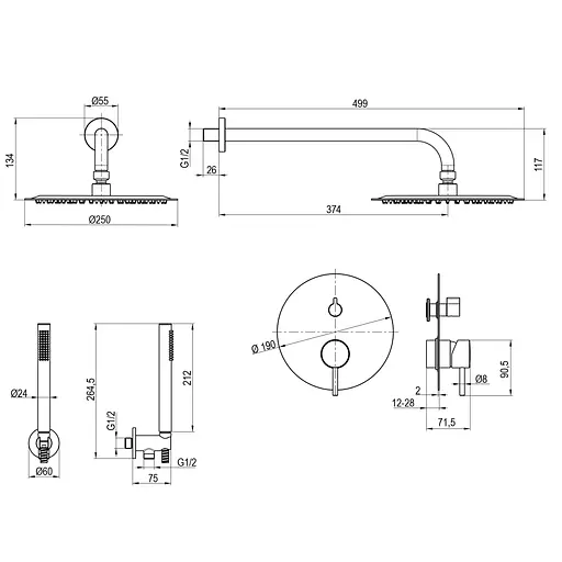 Смеситель для душа TOPAZ LOFT TLF 32205-H39-BL встроенный латунный с душевой штангой и лейками для ванной - фото 2