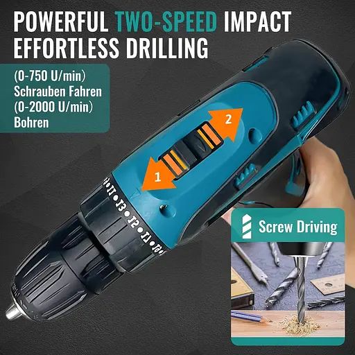 Акумуляторний дриль 12 В, електрична викрутка з 25+1 рівнями крутного моменту, світлодіодне підсвічування, 50 Нм, 2-швидкісне - фото 5