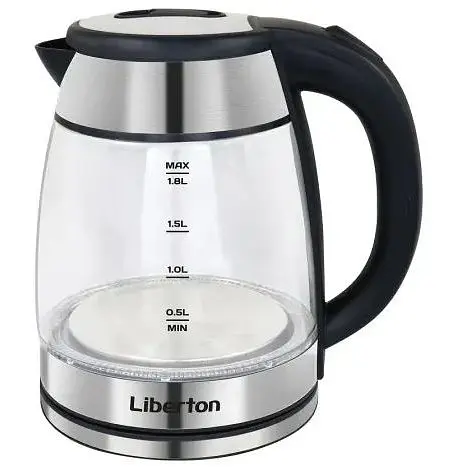 Электрочайник Liberton LEK-6833, черный, 1500W, 1.8л, стекло+нерж.сталь, дисковый, индикатор уровня воды, защита от перегрева, - фото 1