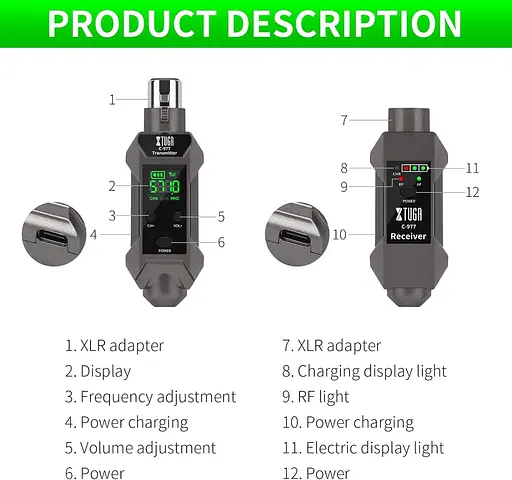 Бездротовий XLR передавач та приймач мікрофонний XTUGA C-977 UHF бездротовий гітарний - фото 2