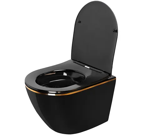 Подвесной унитаз Rea Carlo mini flat gold edge black REA-C8800, Черный матовый - фото 3