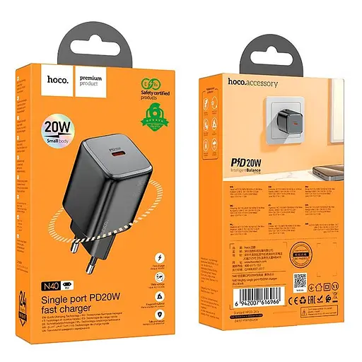 Адаптер сетевой Hoco Mighty single port charger N40 1Type-C, 20W/3A, PD/QC| - фото 3