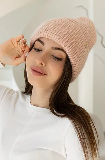 Теплая женская шапка Ангора Сердечко с флисовой подкладкой Пудровый - фото 2