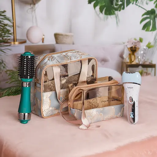 Подарунковий бокс: фен-щітка VGR V-493 + епілятор VGR V-733 + набір прозорих дорожніх косметичок CP2026-14
