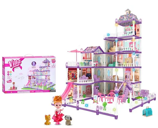 Будиночок 5 поверхів, світло, меблі, лялька 11 см, тварини, 340 деталей, 48x32x10 см (В асортименті)