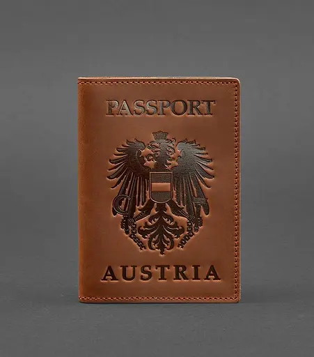 Кожаная обложка для паспорта с австрийским гербом светло-коричневая Crazy Horse - фото 1