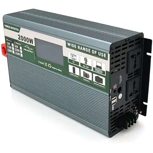 Інвертор напруги Demuda DMDPSW-2000W, 12V/220V, 2000W з правильною синусоїдою, 2 універсальні розетки, 2 USB, Rj 45, клемні дроти, Q4
