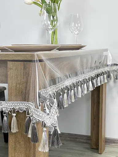 Скатерть силиконовая с серо-молочной бахромой 370х150 см - фото 2