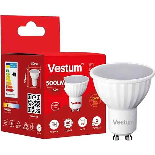Світлодіодна лампа Vestum MR16 6W 3000K 220V GU10 1-VS-1505