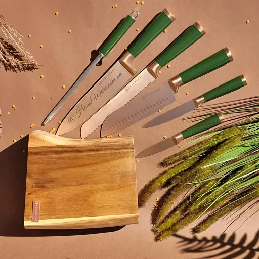 Набір ножів Edenberg 7 предметів з підставкою зелений (EB-11029) - фото 3