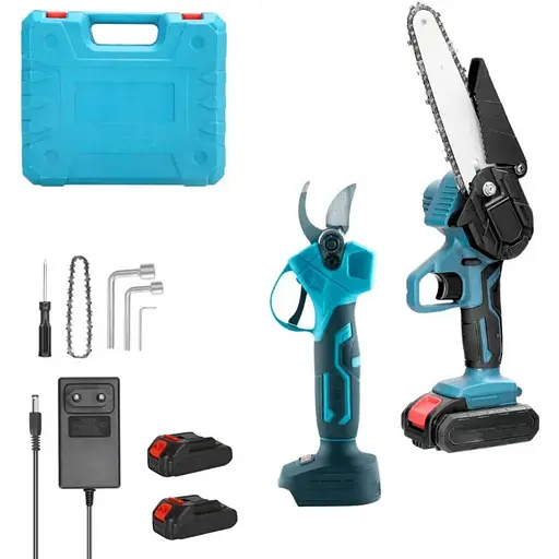 Набор секатор и мини пила в кейсе садовый комплект для обрезки деревьев и кустарников с 2 аккумуляторами 21 Вт Синий с черным - фото 1