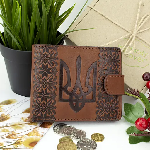 Портмоне мужское кожаное с гербом П6-02 (коричневое) - фото 1