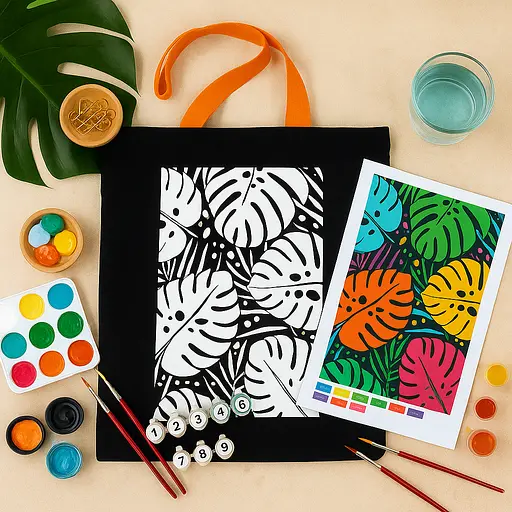 Набір екосумка-розмальовка чорна „Тропічне листя“ бавовна 240 г/м2 38х42см ROSA Talent [CD]