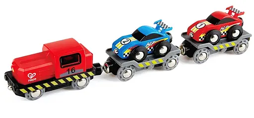 Набір для іграшкових залізниць Hape Поїзд транспортер для гоночних автомобілів E3735 - фото 3