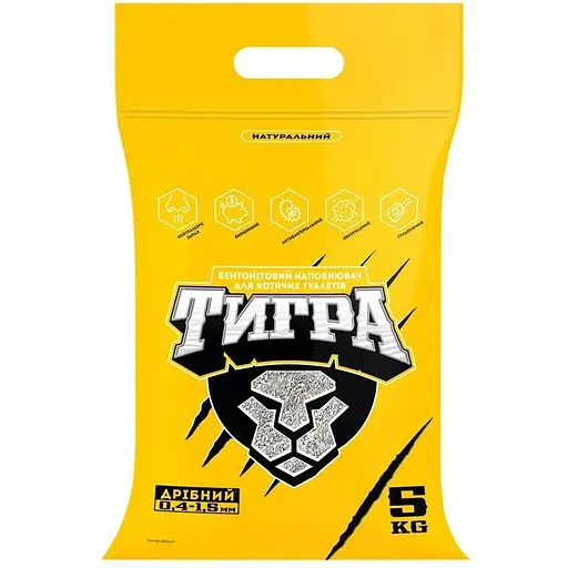 Натуральный бентонитовый наполнитель для кошачьих туалетов Тигра 5 кг гранула мини 0.4-1.5 мм желтый - фото 1