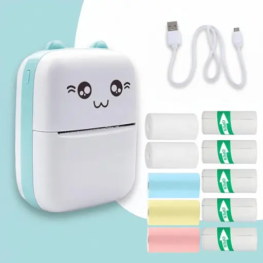 Термопринтер детский для печати с телефона с набором бумаги 10 шт белый с бирюзовым - фото 4