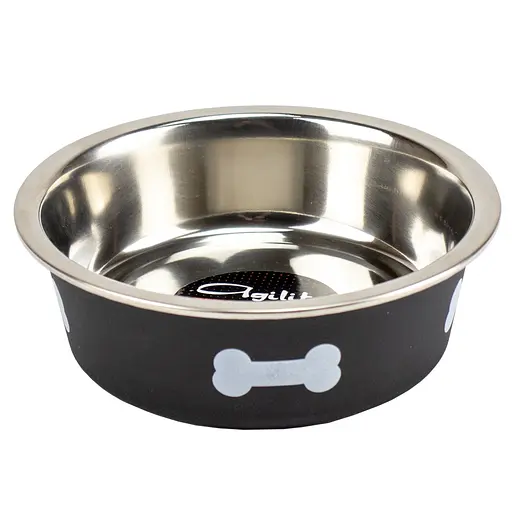 Миска для собак Agility з принтом кісточки металева чорна 14 см 450 мл