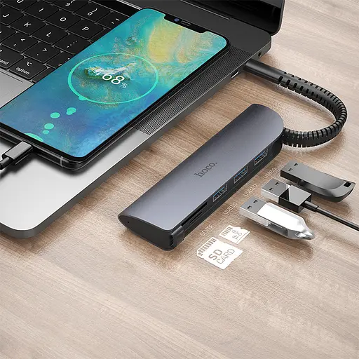 Type-C адаптер хаб Hoco Easy connect adapter HB17 на USB3.0x3 + SD / microSD - фото 3