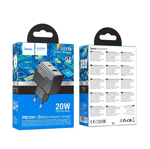 Сетевые зарядные устройства Hoco CS71A Star Speed ​​PD20W+QC3.0 charger(EU) Черный - фото 2