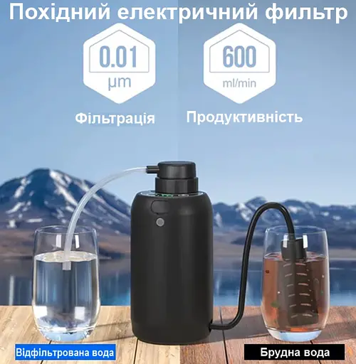 Електронний автоматичний портативний фільтр для води туристичний похідний BKLES BK-2000, чорний - фото 3