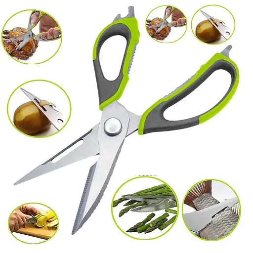 Кухонные многофункциональные ножницы в магнитном чехле (рыбочистка, орехокол, открывачка, разделка мяса), Kitchen Master Салатовый 87296 - фото 3