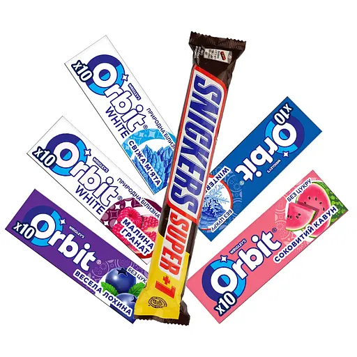 Набір: батончик Snickers Super +1 з арахісом 112 г + гумка жувальна Orbit: White Малина-гранат 14 г + Соковитий кавун 14 г + Весела лохина  14 г + White  Свіжа м'ята 14 г + Winterfresh драже 14 г