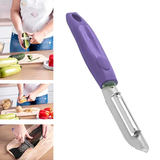 Ніж 2в1 економка овочечистка рибочистка велика з пластмасовою ручкою для очищення овочів і фруктів 20.5 см, Kitchette Фіолетовий 84410 - фото 6