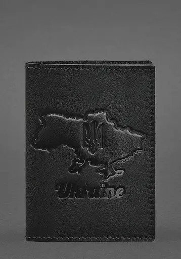 Кожаная обложка для паспорта с картой Украины черный краст - фото 1