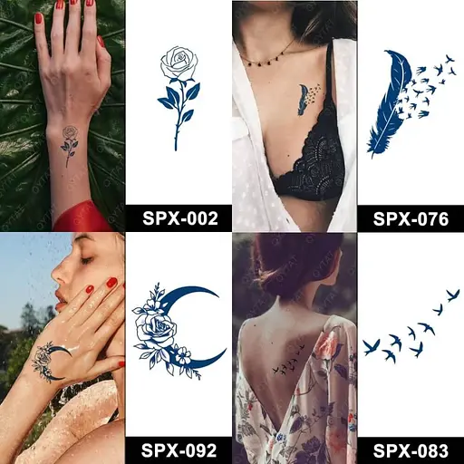 Набір із 4 довготривалих тату Птахи та квіти SPX-set-02, 5 х 5 см