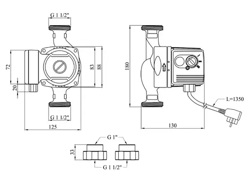 Циркуляционный насос Pumpman GRS25/60/180 Нmax 6 м Qmax 3.3 м³ 93 Вт з гайками (CV029797) - фото 4