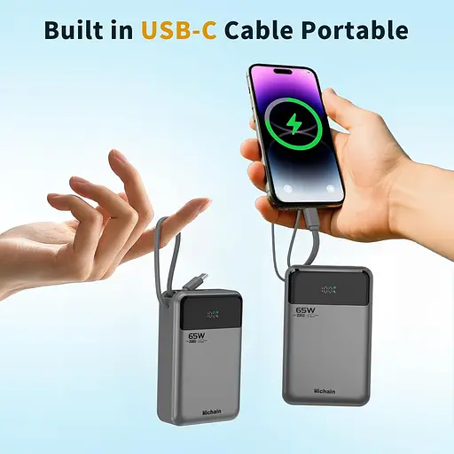 Портативний зарядний пристрій для ноутбука Hichain Power Bank 65 Вт 20000 мА·год із вбудованим кабелем USB-C, 3-портовий - фото 3
