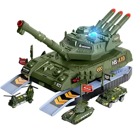 Танк-гараж HS 8010 A со звуком, подсветкой, раскладной с металлопластиковыми мини-моделями