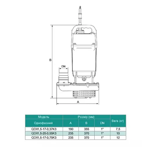 Дренажний насос SHIMGE QDX1.5-17-0.37K3, Нmax=18 м, Qmax=95 л/хв - фото 3