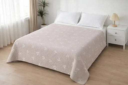 Муслиновое покрывало 210x250 см, натуральная ткань, плед на двуспальную кровать, современное уютное с минималистичным принтом, бежевое - фото 1