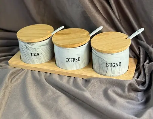 Набір банок 3 шт з кришками та ложками з  бамбуковим підносом для зберігання сипучих 300 мл Сірий - фото 4