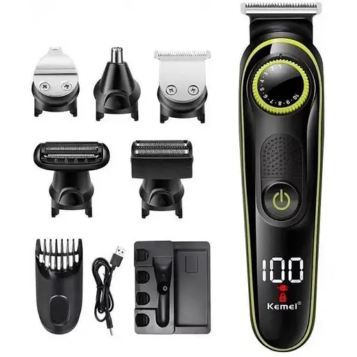 Профессиональная беспроводная машинка Kemei KM-696 для стрижки волос 5в1с USB и LED-дисплеем 5вт Черный - фото 1