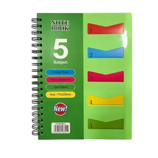 Тетрадь Subject, А5, 120 листов, 5 разделов, спираль, ПВХ обложка, клетка, 4 цвета