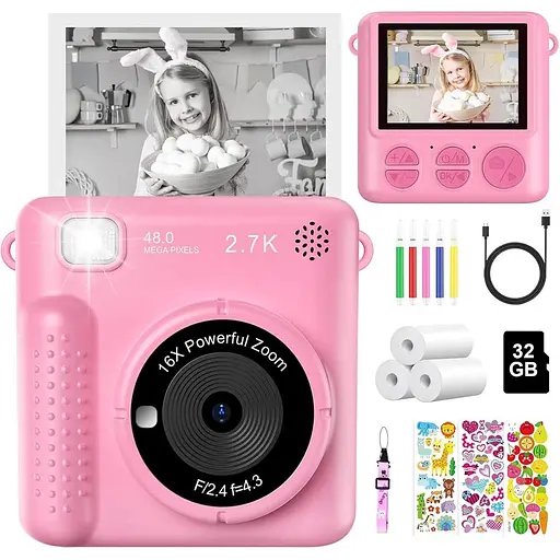 Дитяча камера Миттєвий друк, 2,4-дюймовий 1080P HD Цифрова камера для дітей з папером для друку та карткою 32G