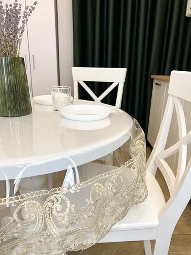 Силіконова скатертина кругла з мереживом Арка 15 см 120х120 см Бежевий - фото 9