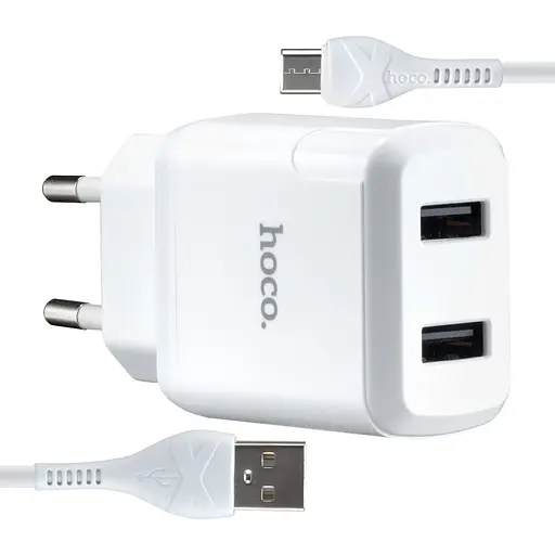 Мережевий зарядний пристрій Hoco N7 Speedy dual port charger set Micro ( EU ) Білий - фото 1