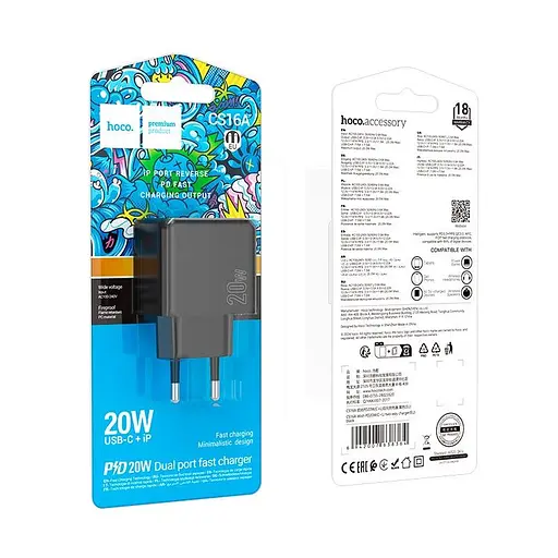 Адаптер сетевой HOCO Wish 2-way charger CS16A | 1Type-C/1Lightning, 20W/3A| - фото 2