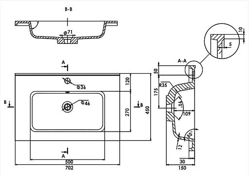 Раковина глянцева врізна Amidicon Rodeo 70 700x450 з литого каменю RODEO_70_HL, Білий - фото 6