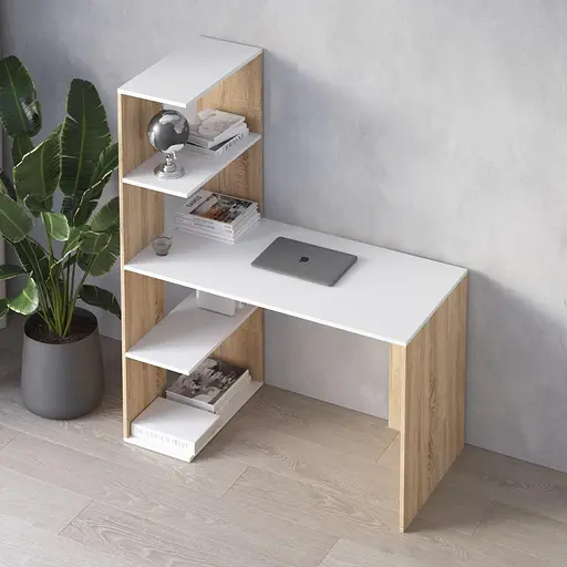 Комп’ютерний стіл Vays M-16 Дуб Сонома-Білий, письмовий з боковим стелажем зліва, ЛДСП, 120×60×148 см - для дому, навчання, офісу