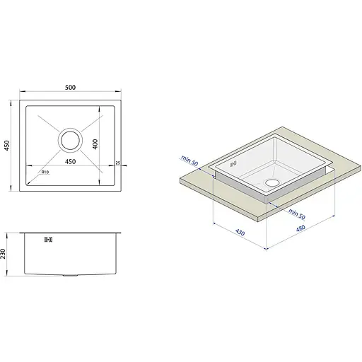 Золота мийка для кухні Nett NG-5045 з нержавійки 50 см під стільницю - фото 8