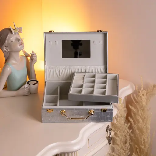 Скринька для прикрас з екошкіри 19 відділень із дзеркалом 23.5×14×8 см органайзер для прикрас Сірий Yiwu HP-5-20G - фото 2